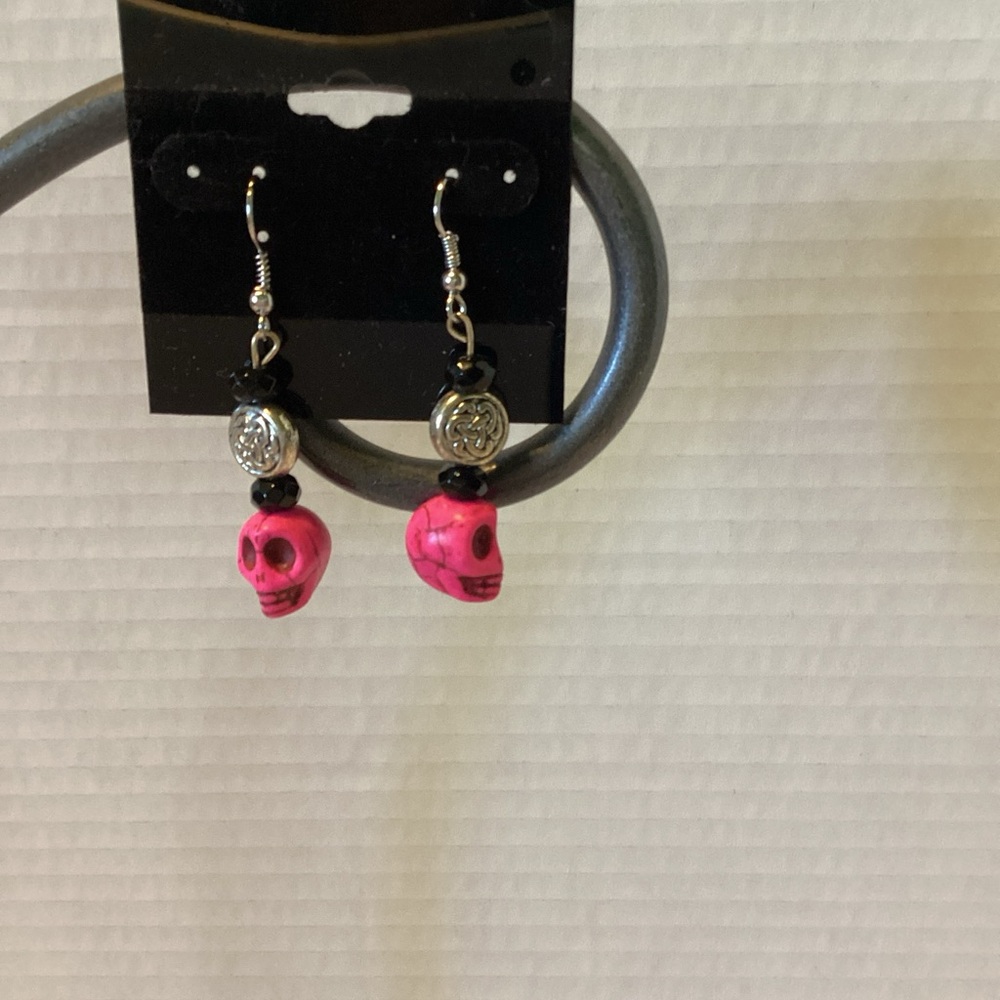 Skull Earrings Dangle Drop Earrings Pink Skull Silver Accent And Hardware